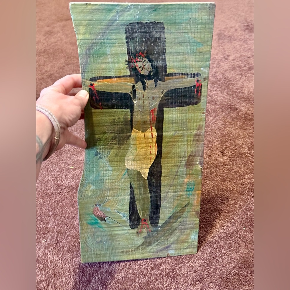 Hand Painted Folk Art Cross Wooden Plaque Crucifixion Of Jesus Signed 2012